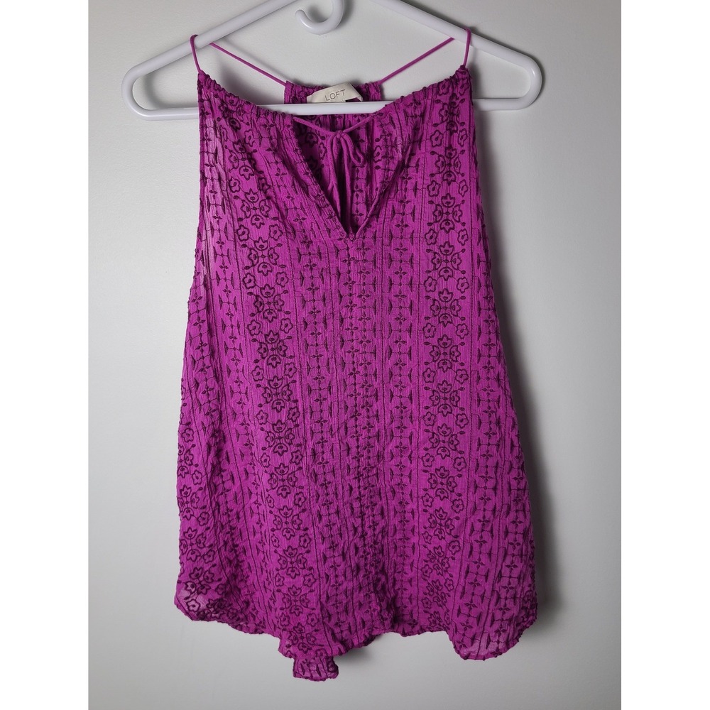 Ann‎ Taylor Loft Med Magenta Purple Embroidered Cotton Gauze Halter Top Boho